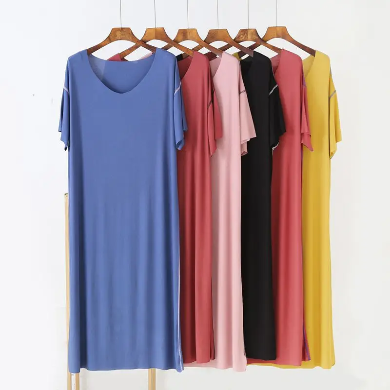 2021 Summer New Loose V-neck Nightwear Modal Short Sleeve Women's Nightdress Sexy Nightgown Housewear 100kg Dress Sleepwear
