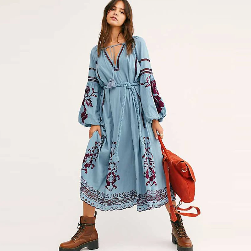 

Lantern Long Sleeve Tunic Dress Women Vintage Ethnic Floral Print Embroidery Blue Cotton Autumn Vestidos Boho Robe 2021