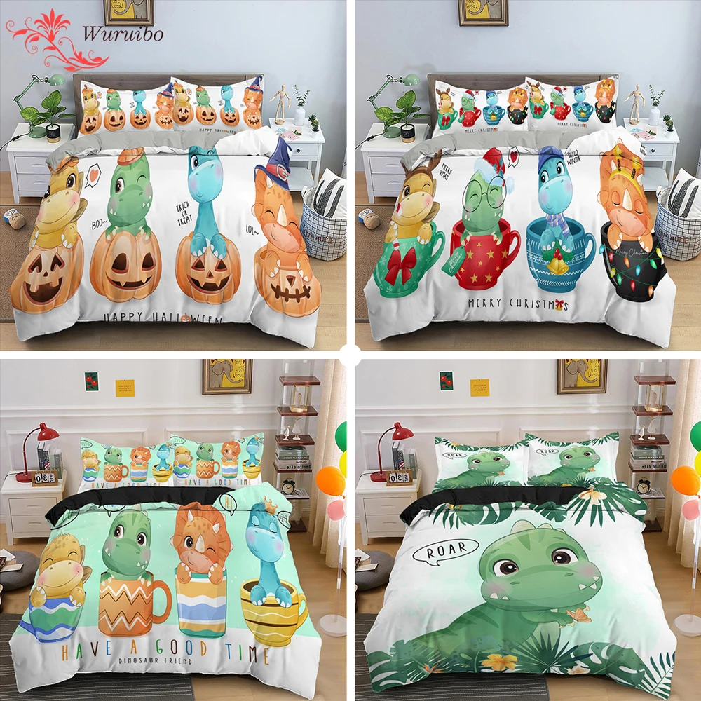 Christmas Bedding Set Cartoon Dinosaur Quilt/Duvet Cover Set Single Bed Full King Queen Size Bedclothes Kids Baby Halloween Gift