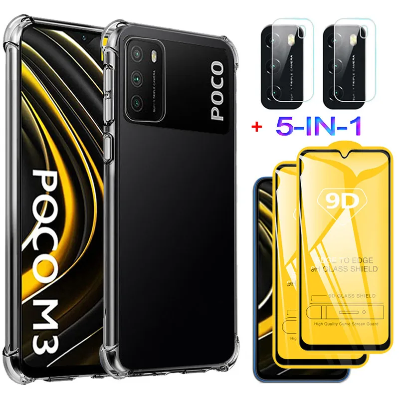 

5-in-1 Cases + Glass for Poco M3 Pro Case Pocophone X3 NFC Shockproof Silicone Cover Poco X3 Xiaomi Poco M3 Case Poko M3 Pro 5G