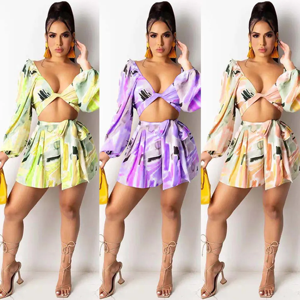 

Aesthetic Print Summer Two Piece Skirts Set Women's Costumes Deep V Neck Long Sleeve Crop Top+pleated Clubwear Mini Skirt 2021