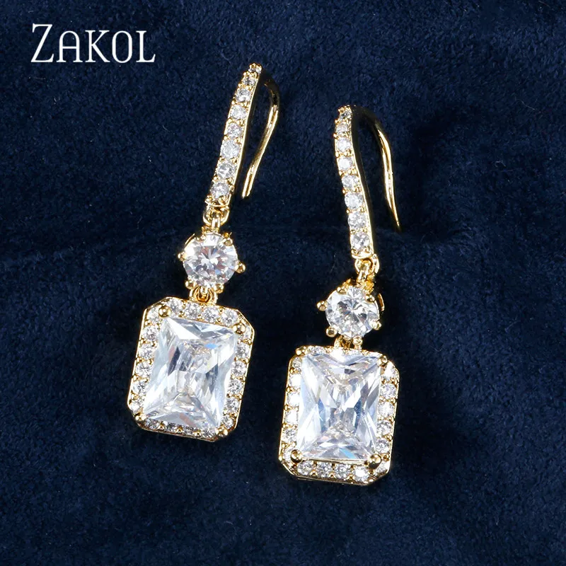ZAKOL, модные цирконы, высокое качество, кубический циркон, Висячие Крючки, серьги, большой квадратный камень, ювелирные изделия для свадебного подарка, аксессуары FSEP2047 - Окраска металла: Gold Color