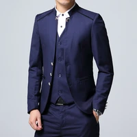 2022 latest stand collar mens navy blue suits custom made silver buttons casual wear blazer 3 pieces skinny jacketvestpants
