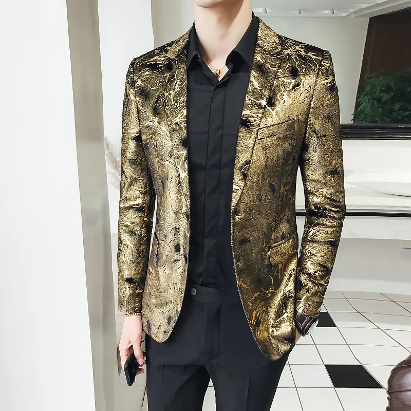 

Gold Blazer Elegent Slim Fit Plus Size Coat Banquet Party Nightclub Groom Wedding Suit Singer Host Stage Costume British Style