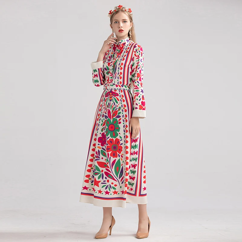 Женские подиумные платья с круглым вырезом и длинными рукавами цветочным