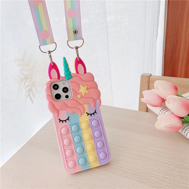 Pop Fidget Toys Bubble Case For iPhone 11 12 13 Pro X Xs Max XR 6 6s 7 8 Plus 5 5s SE Mini Cartoon Unicorn Soft Silicone Cover