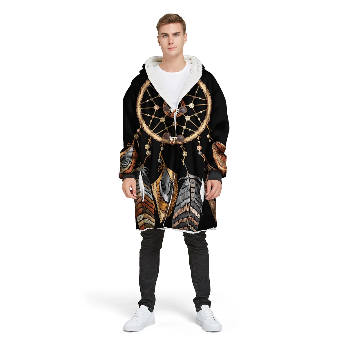 

2019 new brand 3D print custom design man's Sherpa coat loose long winter plus velvet jacket 100% polyester hooded warm CL27