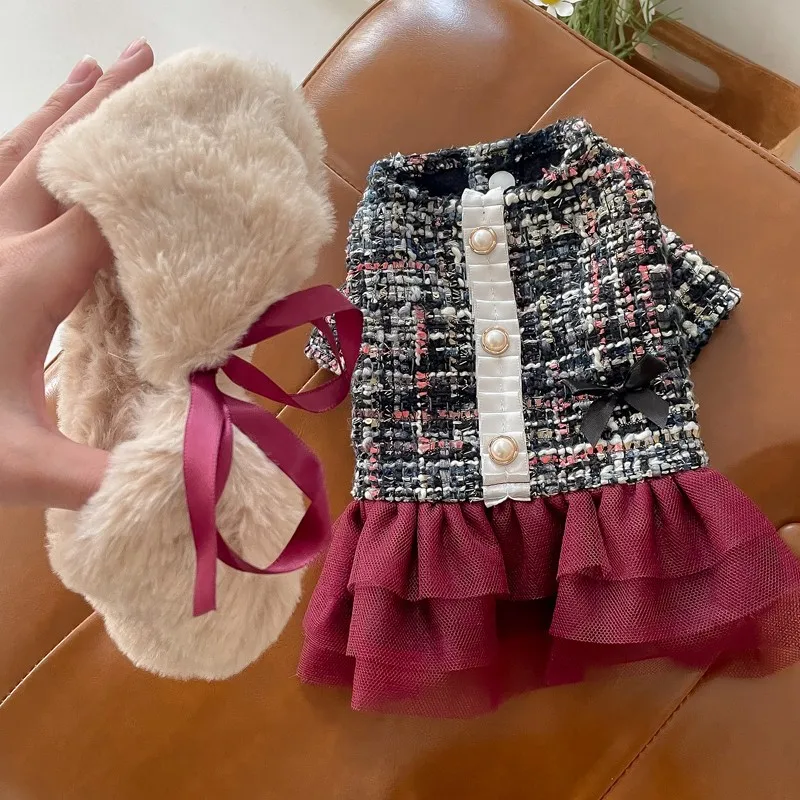 

Cute Dog Clothes Dress Elegant Pet Clothing for Small Dogs Red Warm Trend Luxury Outfits Autumn Winter Yorkshire Ropa Para Perro