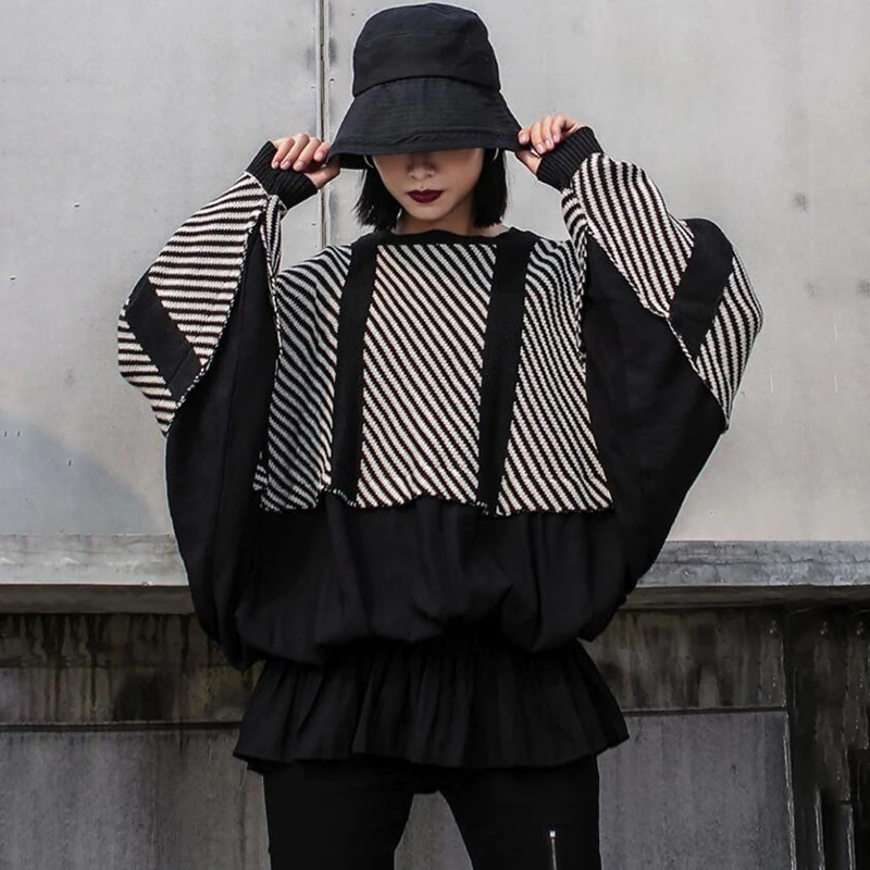 Женская рубашка в полоску с круглым вырезом и рукавом летучая мышь|Блузки| |