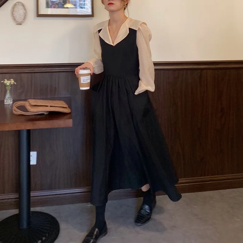 Женские весенние винтажные французские длинные платья с отложным воротником