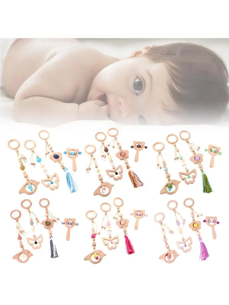 

4 Pcs/Set Baby Gym Frame Pendant Wooden Teether Molar Toys Teething Nursing Rattle Gifts for Infant Room Decorations