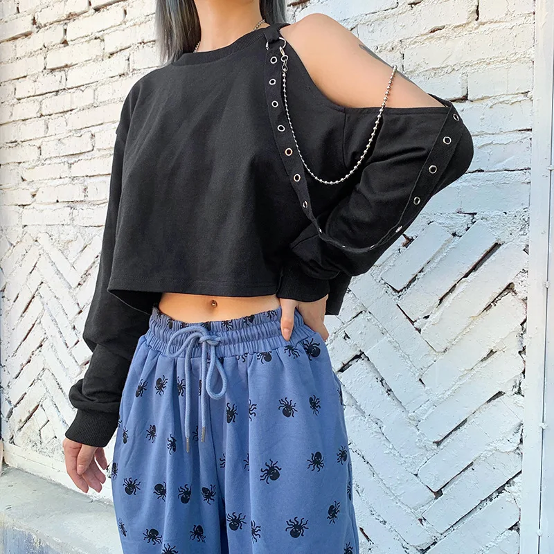 

Bodycon Топы готика, Харадзюку МОЛНИЯ Футболка Модный Топ для девочки, футболка с длинными рукавами футболка со стильным с открытыми плечами, С...