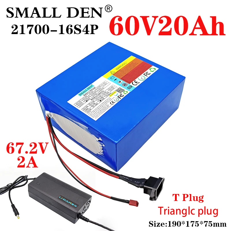 

Аккумулятор литиевый 60V20Ah 21700, 16S4P, 1000-2500 Вт, высокая яркость, скутер, мотоцикл, Встроенный BMS + зарядное устройство 67,2 в, 2 А