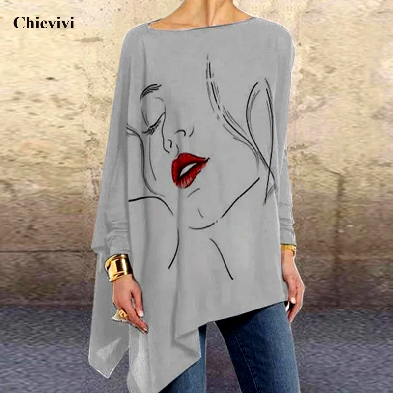 

Women Long Sleeve T Shirts Elegant Print Asymmetrical Top Blusa Vintage Plus Size Tees Shirts 2020 Autumn Winter Tops for Women