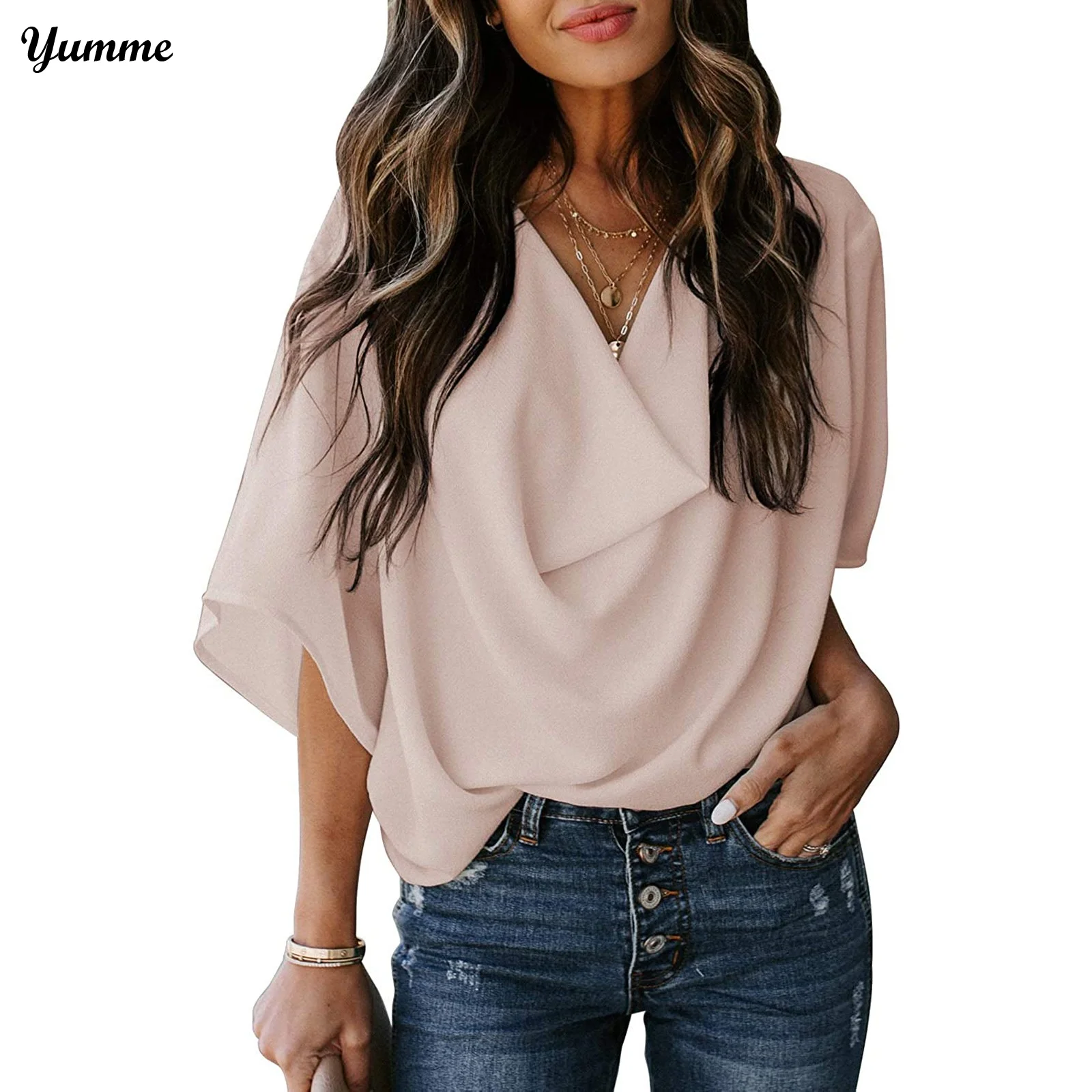 

Women's Fashion Blouses Loose V-neck Tunic Casual Blouse Tops Office Ladies Shirt Female Clothes Plus Size Draped Blusas Mujer