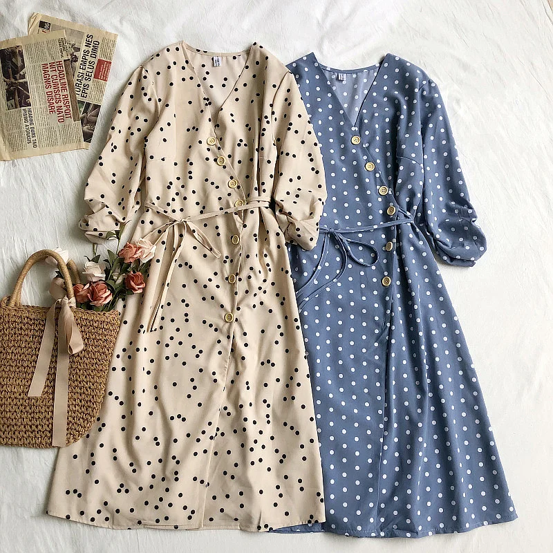 

Women V-neck Lantern Sleeve Bandage Strap Polka Dot Ruffles Dress Vintage Lady Slim Cardigan Button Pullover Party Midi Dresses
