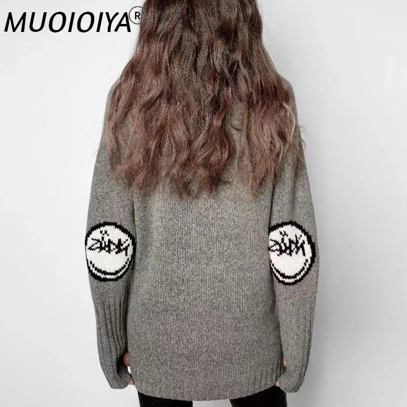 

100% Wool Women's Knitted Sweater Autumn Casual Ladies Long Sleeve Letter Smiley Print Hem Split Knitwear Jumper Pullover Tops