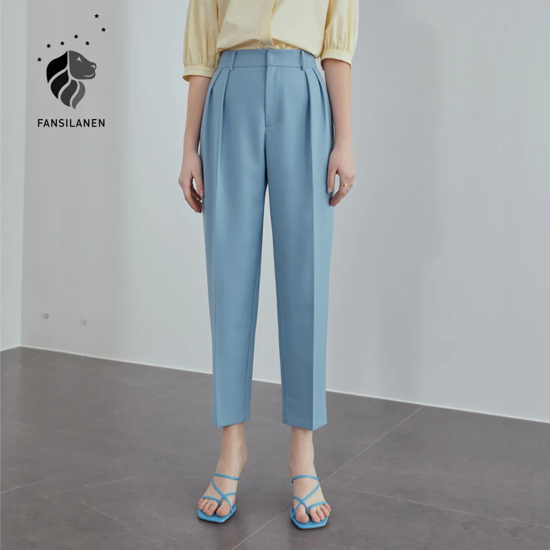 

FANSILANEN Tapered Casual Pants Women Summer High Waist Straight Leg Pants 2021 New Loose Nine Point Harem Carrot Pants