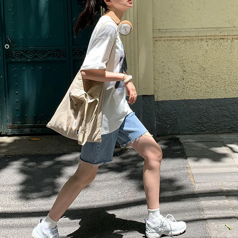 

2021 Women Denim Shorts High Waist Casual Wide Leg Jean Korean Fashion Ripped Pants Harajuku Shorts A-line Solid Straight Pants