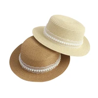 new ladies summer straw hats flower beads wide brim jazz panama sun hat visor beach hat adult flower rivet pearl straw cap