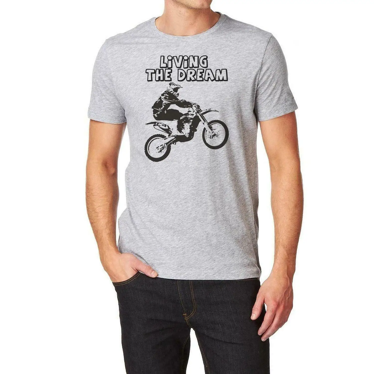 

Unisex Grey Dirt Bike Crosser T-Shirt Shirt Living The Dream Adventure Fun O Neck Tee Shirt Short Sleeve Top Tee