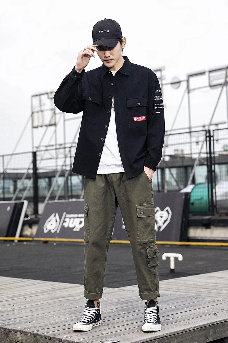 Оливково желтый серый черный мужской Chore рубашка Куртка карго Карманы Уличная