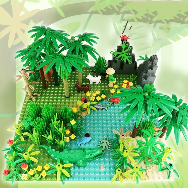 

Rain Forest Parts Animal Green Grass Jungle Bush Flower Tree Plants Building Blocks DIY Assemble Compatible Brands Baseplate