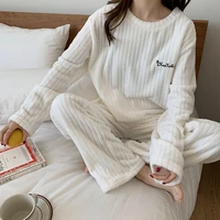 2021 hot women winter flannel pajama set long sleeve striped loungewear loose elastic waist thick warm sleepwear home clothing