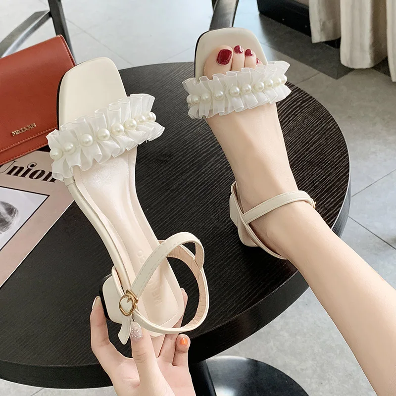 Сандалии женские с жемчужным Кружевом босоножки гладиаторы пикантная обувь на