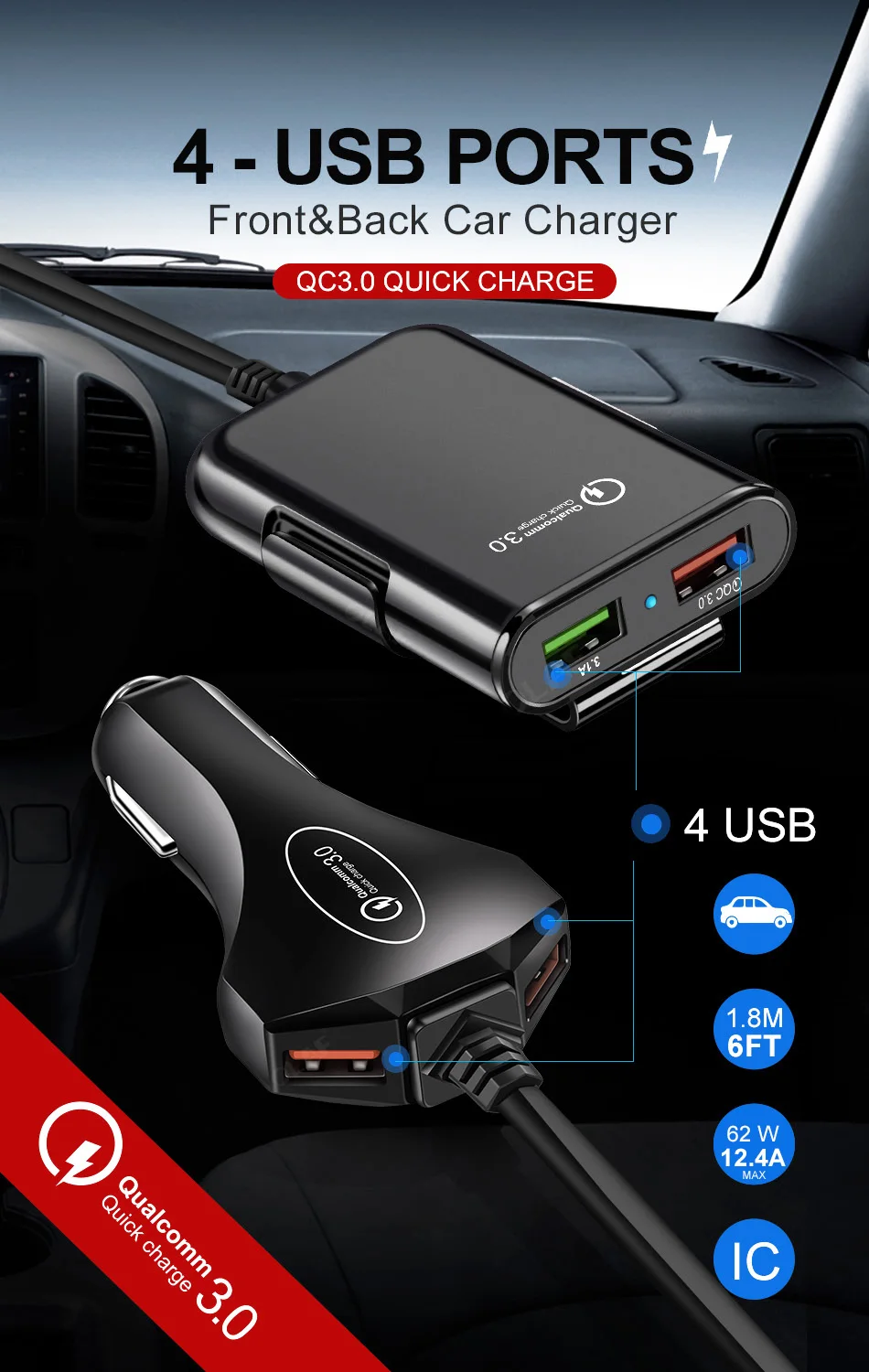 Автомобильное зарядное устройство с 4 usb-портами, быстрая зарядка 3,0, автомобильное зарядное устройство с кабелем 1,7 м для планшета, смартфона iPhone X 8 7, расширенный адаптер QC 3,0