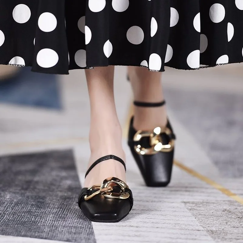 

Mature Baotou Women's Slippers Pure Color Casual Vamp Buckle Decoration Trend Sweet Elegant Women's Slippers with Heels