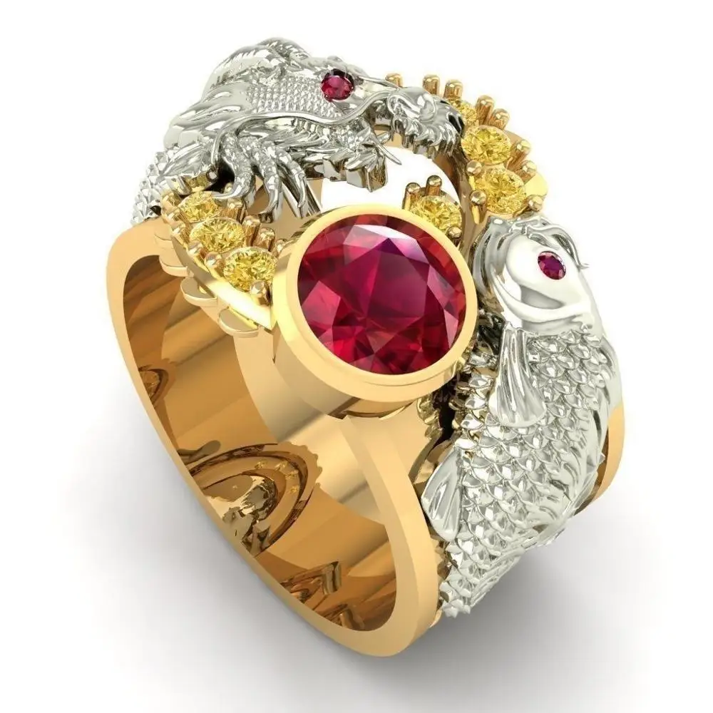 

Two - color Round Dragon Red Color Crystal Ring Fashion Elegant Vintage Unisex Wedding Anniversary Party Jewelry Gift