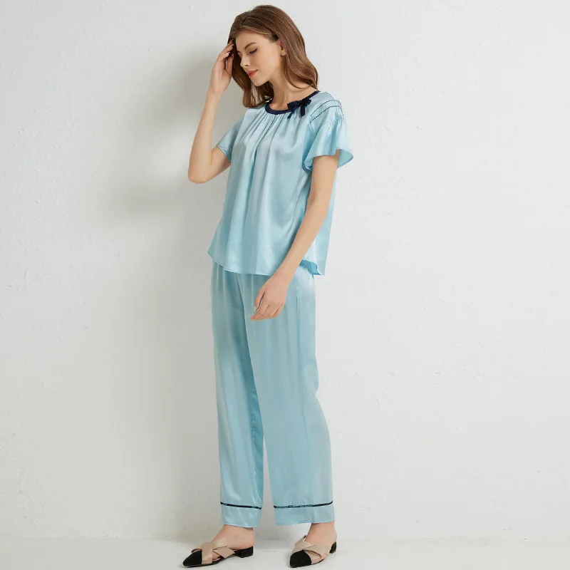 

Pajamas Suit Lady Sleepwear Spring&Summer New Sweet Princess Style Nightgown Women 100 Silk Short Sleeve Top&Pants Home Clothes