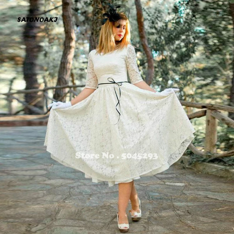 

2022 Lace Short Wedding Dress Half Sleeve Tea Length Bridal Gowns Vestidos De Novia Corto Robe Mariage Undefined Online Shop