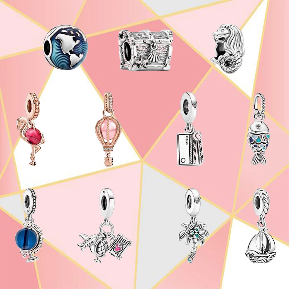 

2021 Summer New S925 Silver Blue Globe, Pink Hot Air Balloon, Pink Murano Flamingo, Sailboat Pendant, Ladies Fashion Diy Jewelry