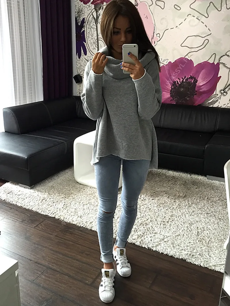 

2020Autumn/winter female oversize irregular bottom style pullover style turtleneck blouse europe OL commuter long sleeve hoodies