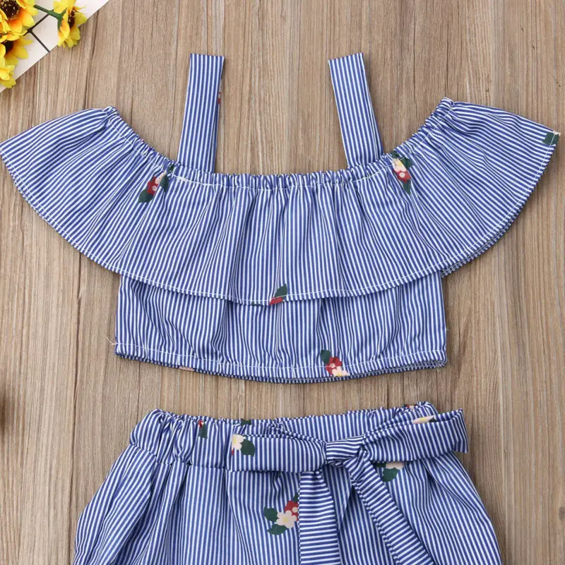 2019 Дети детская одежда для малышки летнее синее платье в полоску с открытыми