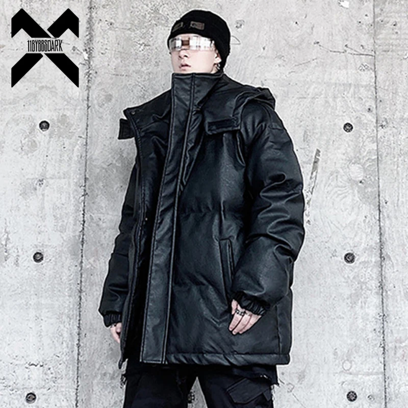

11 BYBB'S DARK Mens Winter Hooded Jackets Coat 2021 Streetwear Hip Hop PU Parka Korean Black Puffer Jacket Warm Outwear WB408