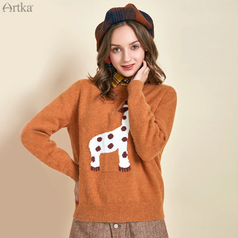 ARTKA 2019 Autumn Winter New Women Sweater Cute Animal O-Neck Pullover Long Sleeve Casual Loose Knitted YB11390Q | Женская одежда