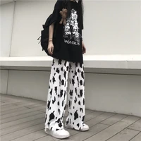 qweek cow print wide leg pants women harajuku streetwear high waist oversize white trousers for female korean fashion summer