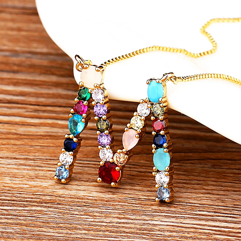 

AIBEF Rainbow Initial Copper CZ Necklace Statement 26 Letter Pendants Women Accessories Gold Color Chain Name Necklace Jewelry