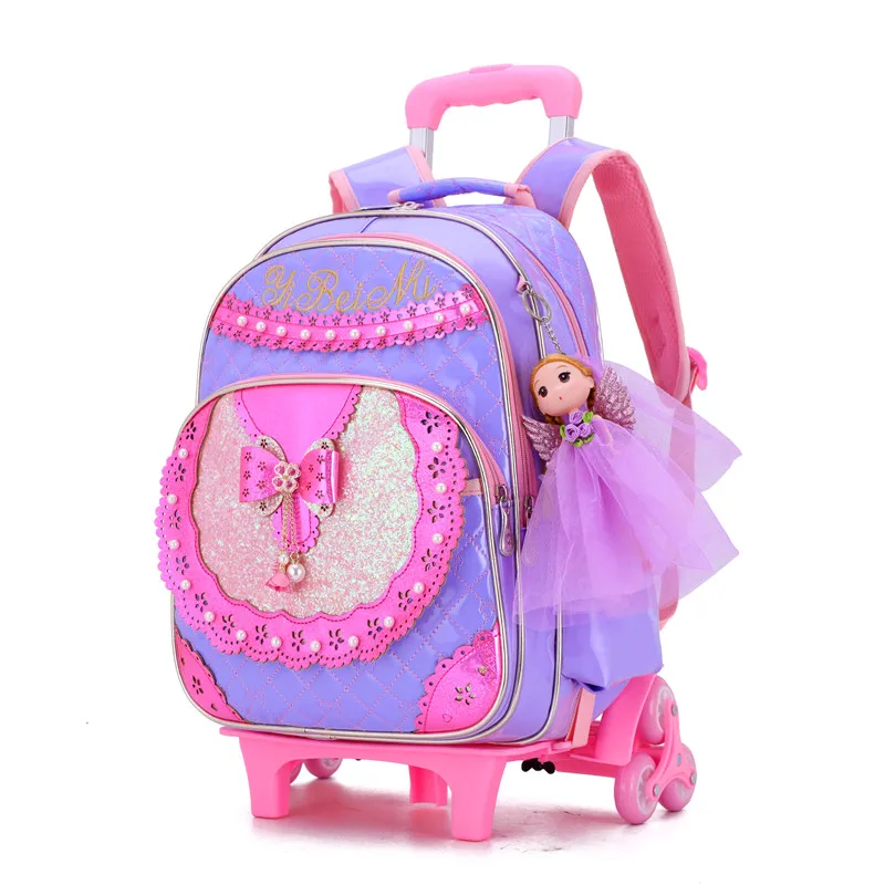3Pcs/set Children School Bags Waterproof Girls Purple Princess Trolley Backpack Removable Kids Wheel Bag Travel Luggage Mochilas