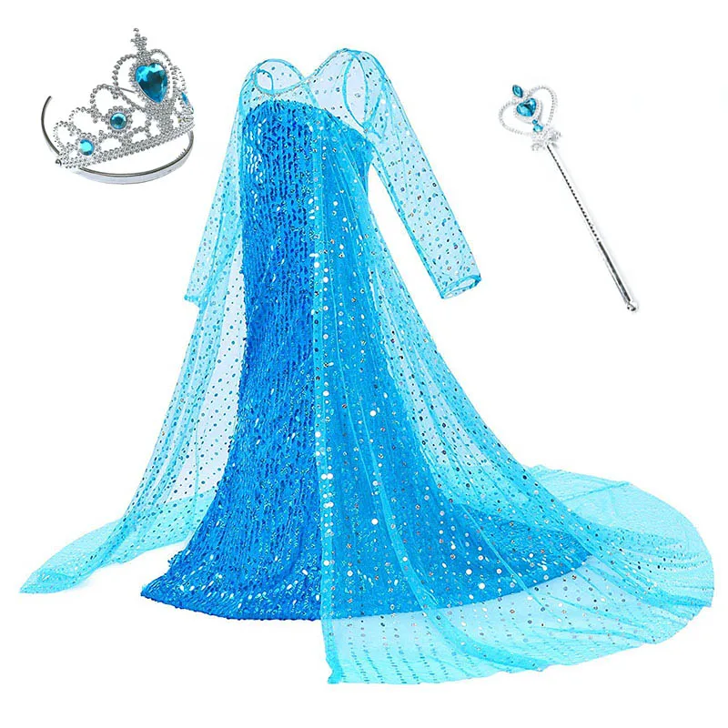 Elsa F and Set1 Платье принцессы Эльзы для девочек; Детский карнавальный костюм Снежной Королевы; Детский костюм Эльзы на Рождество и День рождения; парик; корона; волшебная палочка; одежда для костюмированной вечеринки - Цвет: Elsa F and Set1