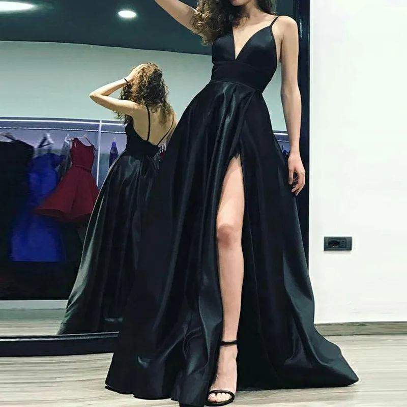 

2021 Maxi Black evening dress Spaghetti Strap Formal A-LINE Zippers Sexy split legs party Dinner catwalk costume Floor-Length