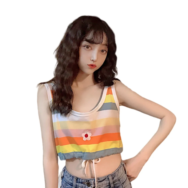 

2020 summer new tanks Candy color striped Sleeveless Tops Pullover Korean elegant style Vest female sexy ladies vest for club