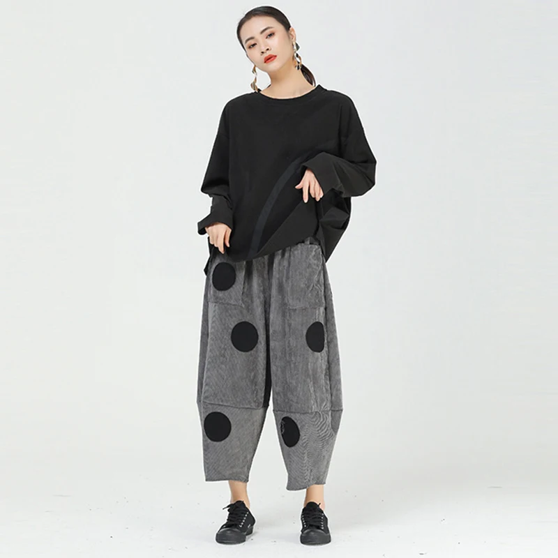 XITAO Dot Vintage Pants Women Ankle Length Winter Appliques Tide Fashion New Streetwear Harem Style Elastic Waist Pocket ZY3212