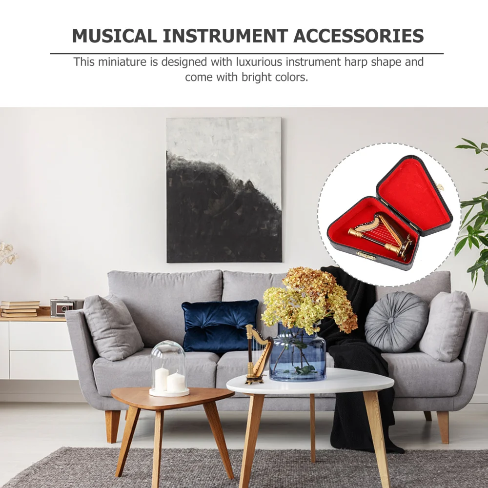 

Miniature Harp Model Mini Wooden Harp Instrument Model with Storage Box