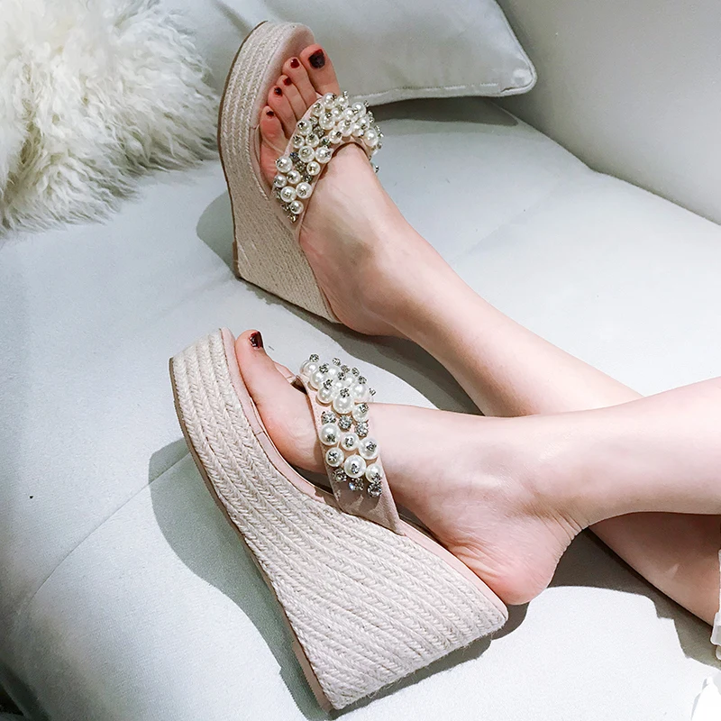 2019 г. женские Кристальные клинья сандалии ткацкие шлепанцы на высоком каблуке 11