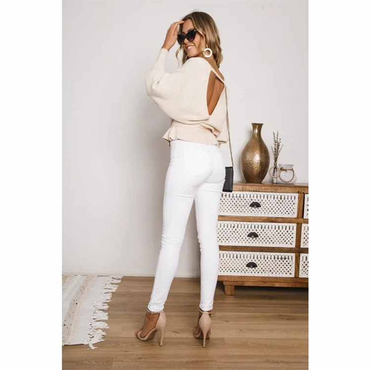 

2020 Sexy Club Crocheted V-Neck Full sleeve Pullovers woman sweater Solid backless winter autumn love style female sweaters