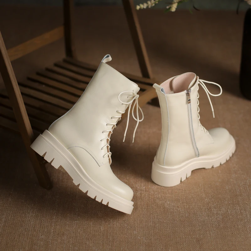 QUTAA/2022 женские ботильоны зимние полусапожки из натуральной кожи на среднем